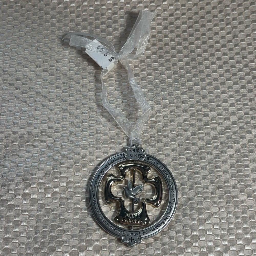 Religious Lord’s Prayer Metal Christmas Ornament with Dove on Ribbon - Picture 5 of 7